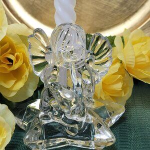 Vintage Glass Candleholder has a Sitting Angel with Wings on a Star Base
